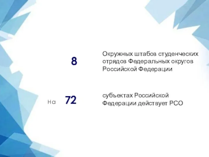 8 субъектах Российской Федерации действует РСО Окружных штабов студенческих отрядов Федеральных округов Российской Федерации На 72