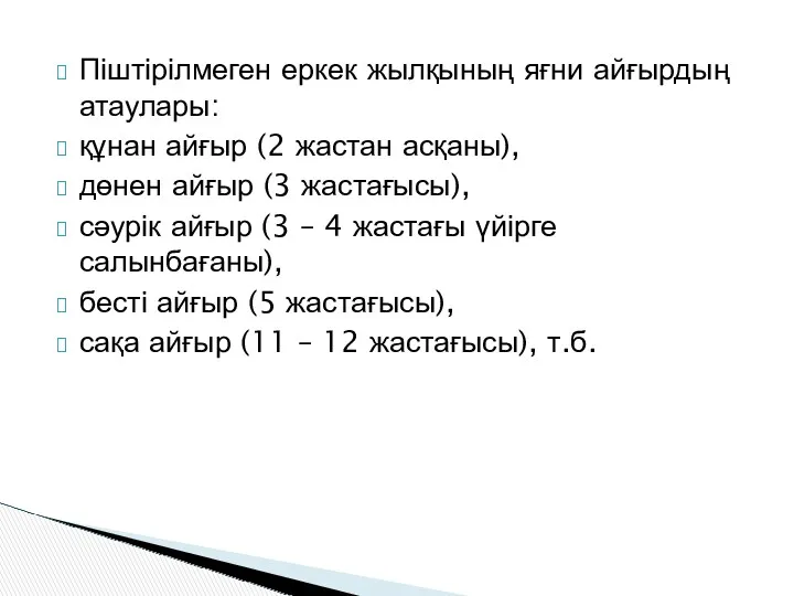 Піштірілмеген еркек жылқының яғни айғырдың атаулары: құнан айғыр (2 жастан