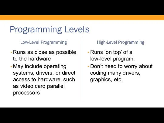 Programming Levels Low-Level Programming Runs as close as possible to