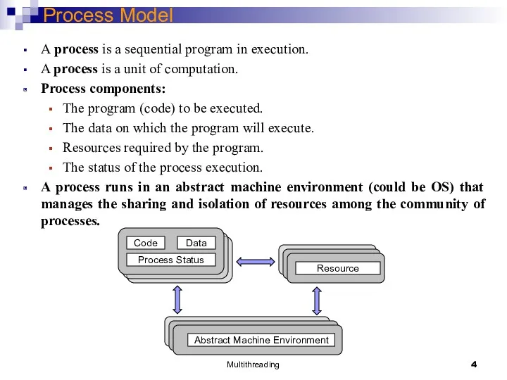 Multithreading Process Model A process is a sequential program in