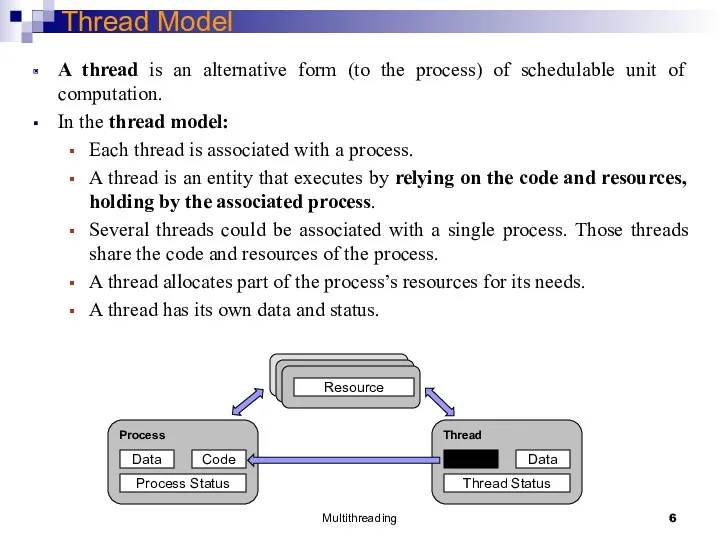 Multithreading Thread Model A thread is an alternative form (to