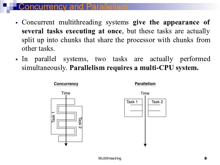 Multithreading Concurrency and Parallelism Concurrent multithreading systems give the appearance