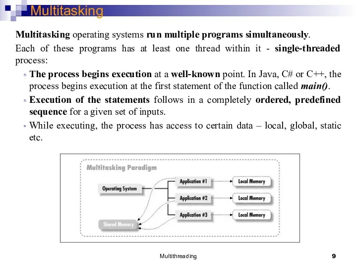 Multithreading Multitasking Multitasking operating systems run multiple programs simultaneously. Each
