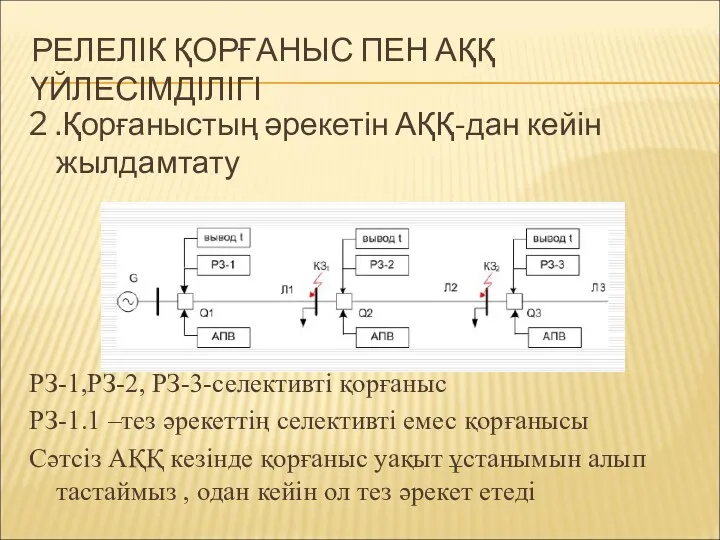 РЕЛЕЛІК ҚОРҒАНЫС ПЕН АҚҚ ҮЙЛЕСІМДІЛІГІ 2 .Қорғаныстың әрекетін АҚҚ-дан кейін жылдамтату РЗ-1,РЗ-2, РЗ-3-селективті