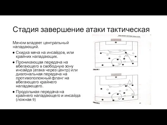 Стадия завершение атаки тактическая Мячом владеет центральный нападающий. Скидка мяча