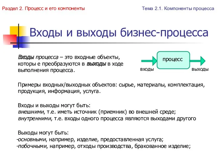 Входы и выходы бизнес-процесса Входы процесса – это входные объекты,