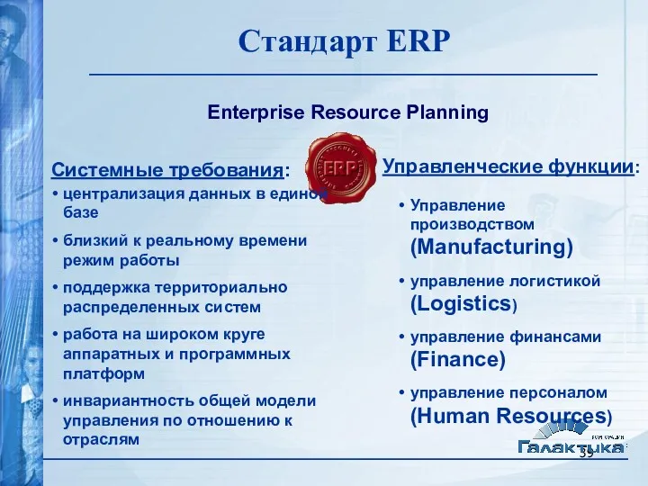 Стандарт ERP Enterprise Resource Planning Управление производством (Manufacturing) управление логистикой