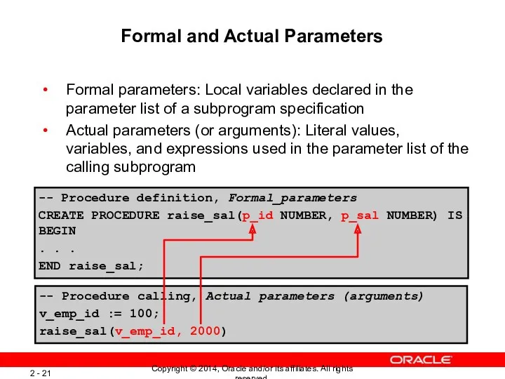 Formal and Actual Parameters Formal parameters: Local variables declared in