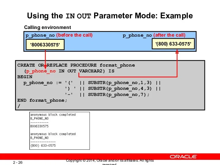 Using the IN OUT Parameter Mode: Example Calling environment CREATE