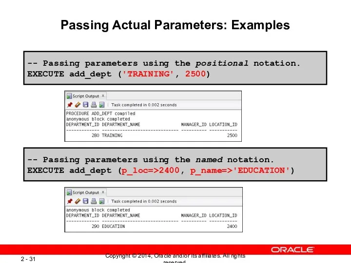 Passing Actual Parameters: Examples -- Passing parameters using the positional