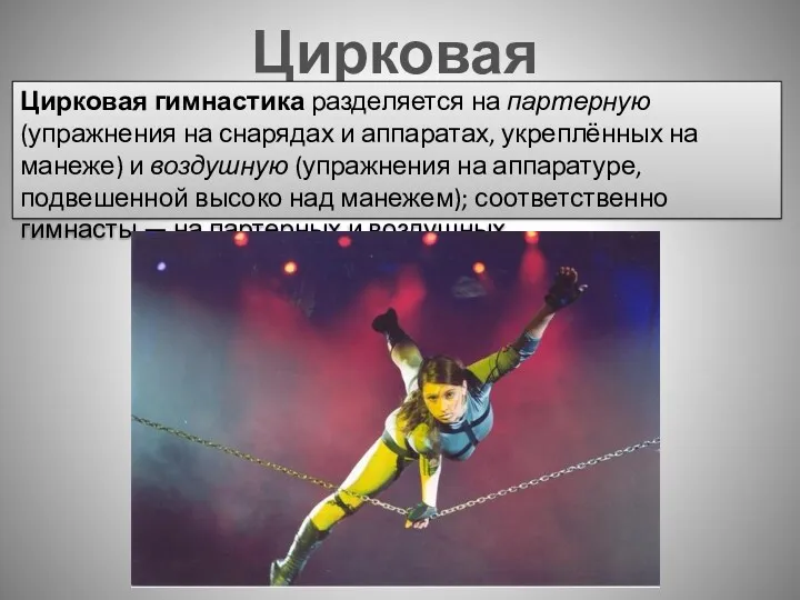 Цирковая гимнастика Цирковая гимнастика разделяется на партерную (упражнения на снарядах