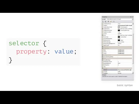basic syntax selector { property: value; }