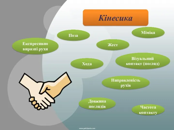 Кінесика Частота контакту Хода Експресивно виразні рухи Поза Довжина поглядів Візуальний контакт (погляд)