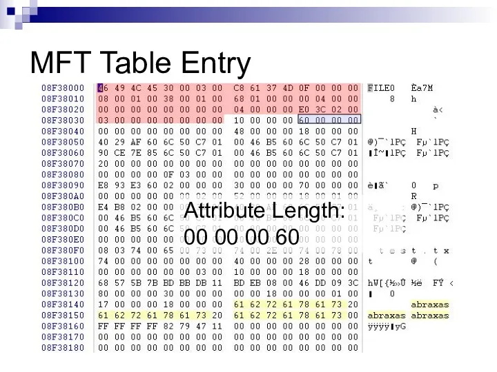 MFT Table Entry Attribute Length: 00 00 00 60