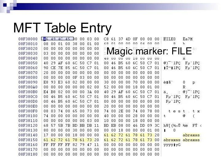 MFT Table Entry Magic marker: FILE