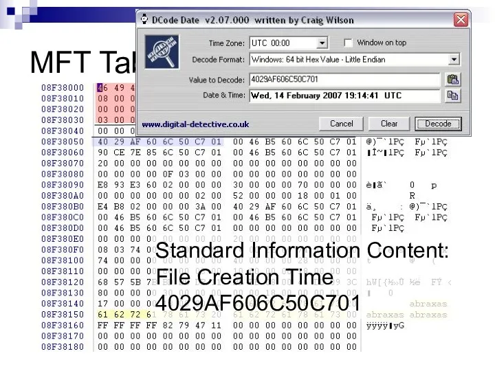 MFT Table Entry Standard Information Content: File Creation Time 4029AF606C50C701