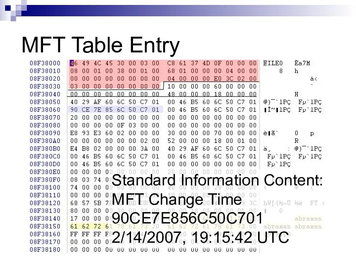 MFT Table Entry Standard Information Content: MFT Change Time 90CE7E856C50C701 2/14/2007, 19:15:42 UTC