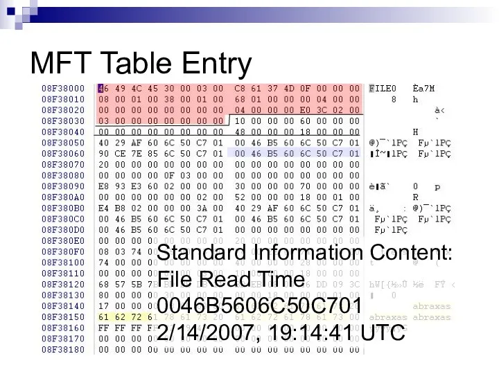 MFT Table Entry Standard Information Content: File Read Time 0046B5606C50C701 2/14/2007, 19:14:41 UTC