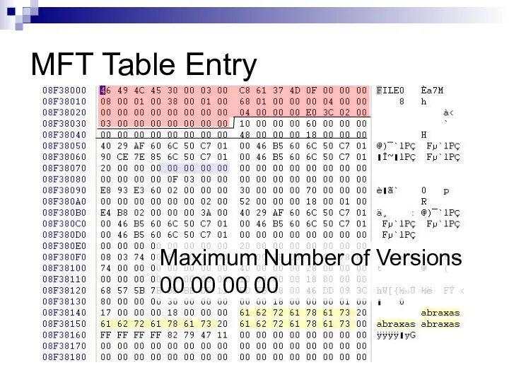 MFT Table Entry Maximum Number of Versions 00 00 00 00
