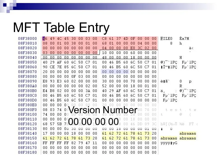MFT Table Entry Version Number 00 00 00 00