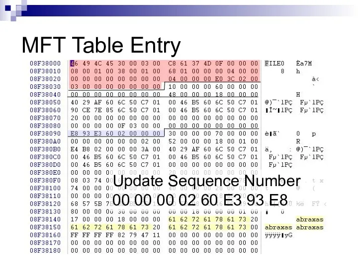 MFT Table Entry Update Sequence Number 00 00 00 02 60 E3 93 E8