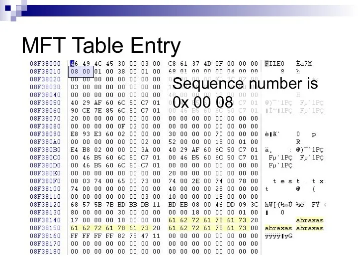 MFT Table Entry Sequence number is 0x 00 08