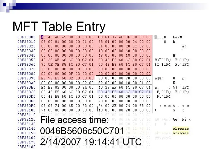 MFT Table Entry File access time: 0046B5606c50C701 2/14/2007 19:14:41 UTC