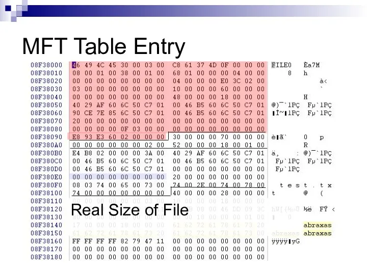 MFT Table Entry Real Size of File