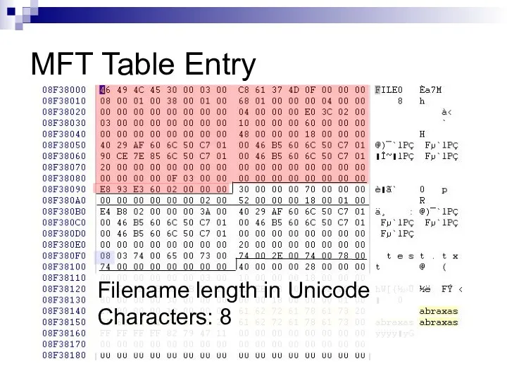 MFT Table Entry Filename length in Unicode Characters: 8