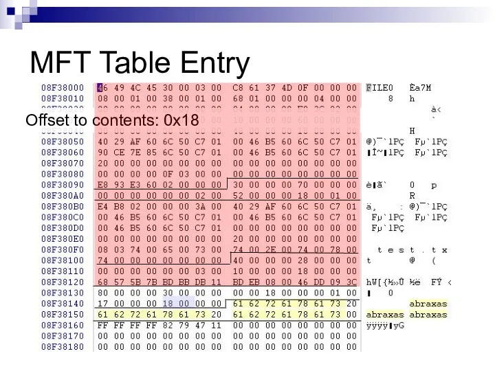 MFT Table Entry Offset to contents: 0x18