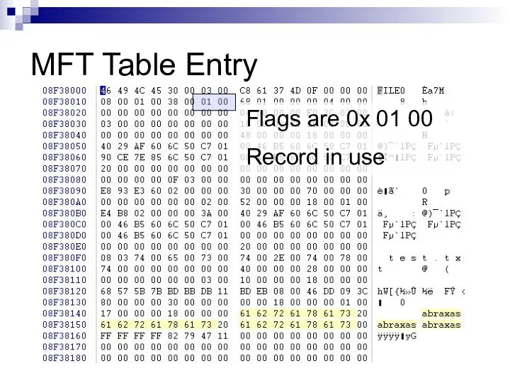 MFT Table Entry Flags are 0x 01 00 Record in use