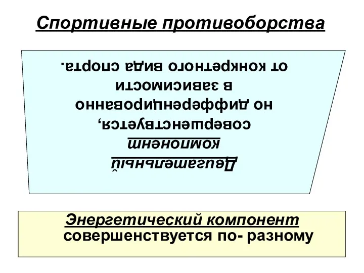 Спортивные противоборства Энергетический компонент совершенствуется по- разному Двигательный компонент совершенствуется,