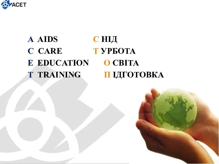 А AIDS С НІД С CARE Т УРБОТА Е EDUCATION О СВІТА Т TRAINING П ІДГОТОВКА