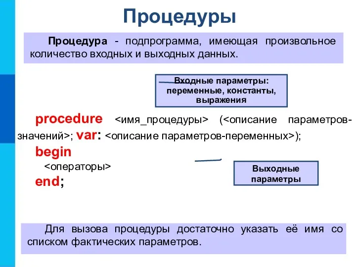 Процедуры Процедура - подпрограмма, имеющая произвольное количество входных и выходных