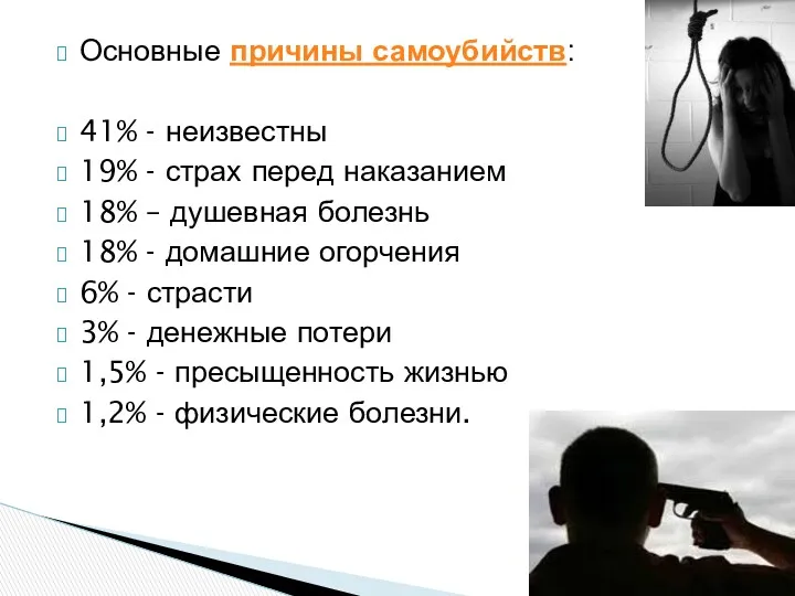 Основные причины самоубийств: 41% - неизвестны 19% - страх перед