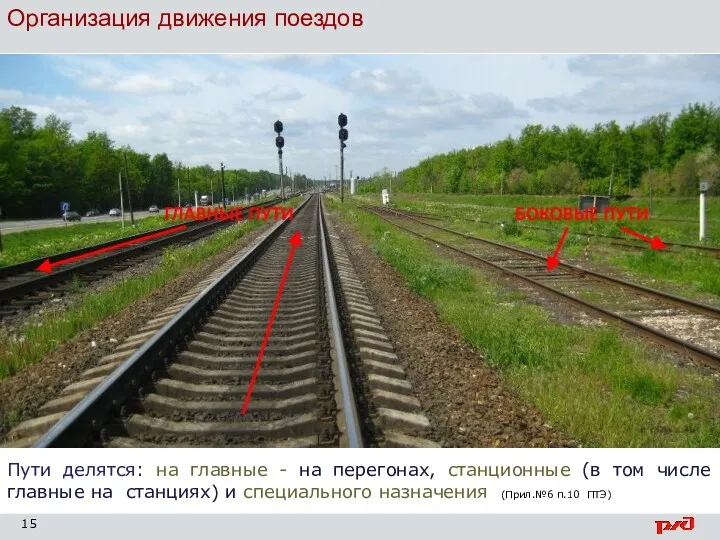 Организация движения поездов Пути делятся: на главные - на перегонах,