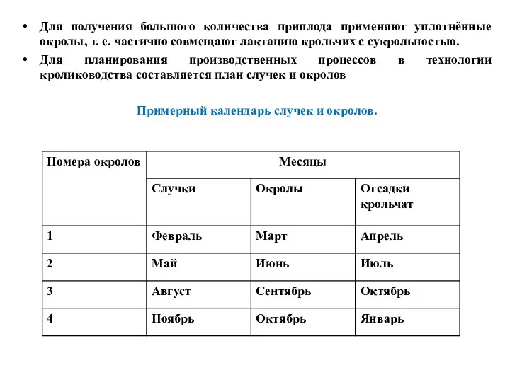 Для получения большого количества приплода применяют уплотнённые окролы, т. е.