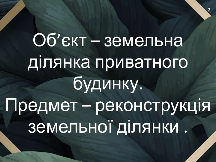 Об’єкт – земельна ділянка приватного будинку. Предмет – реконструкція земельної ділянки . 2