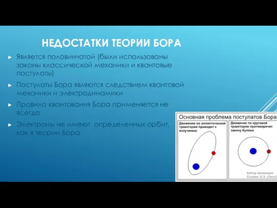 НЕДОСТАТКИ ТЕОРИИ БОРА Является половинчатой (были использованы законы классической механики