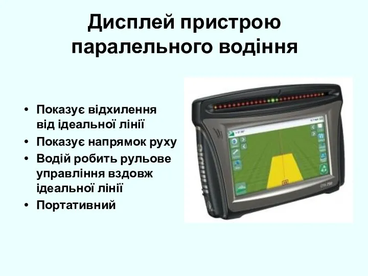 Дисплей пристрою паралельного водіння Показує відхилення від ідеальної лінії Показує напрямок руху Водій