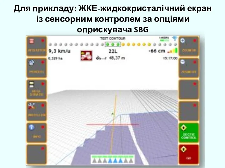 Для прикладу: ЖКЕ-жидкокристалічний екран із сенсорним контролем за опціями оприскувача SBG