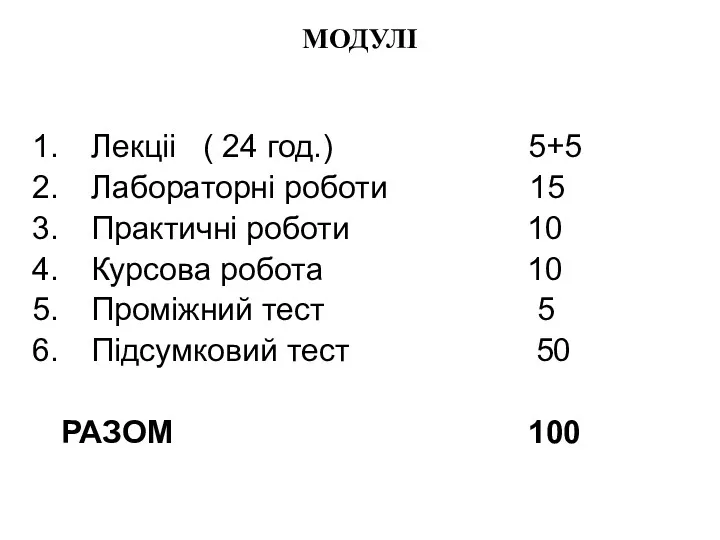 МОДУЛІ Лекціі ( 24 год.) 5+5 Лабораторні роботи 15 Практичні