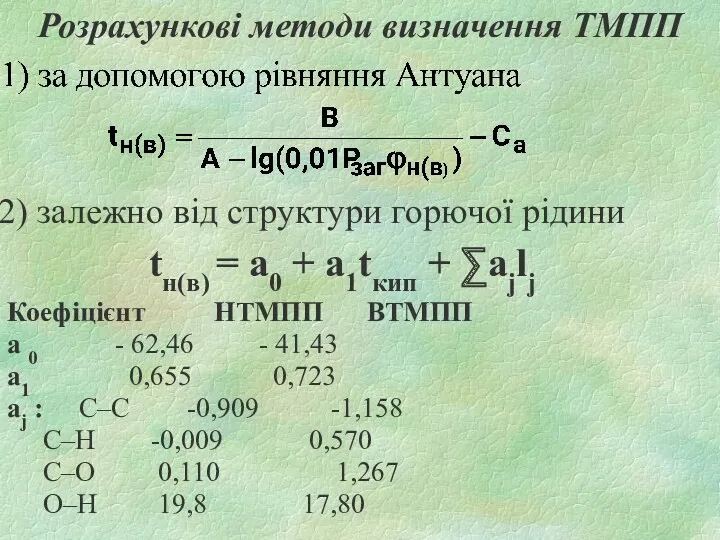 Розрахункові методи визначення ТМПП 2) залежно від структури горючої рідини