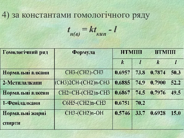 4) за константами гомологічного ряду tн(в) = ktкип - l