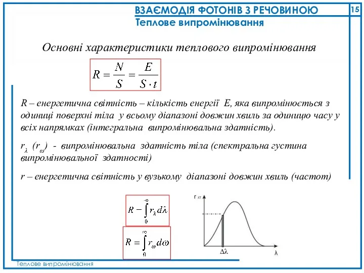 Основні характеристики теплового випромінювання R – енергетична світність – кількість