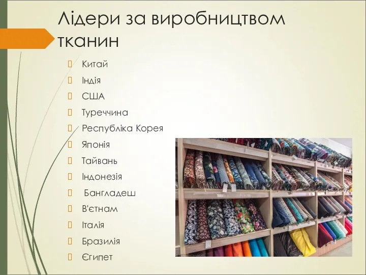 Лідери за виробництвом тканин Китай Індія США Туреччина Республіка Корея