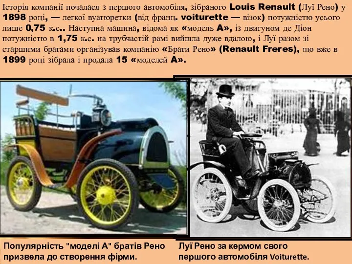 Історія компанії почалася з першого автомобіля, зібраного Louis Renault (Луї Рено) у 1898