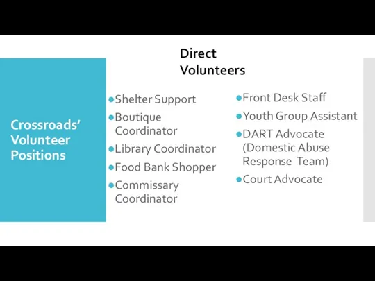 Crossroads’ Volunteer Positions Shelter Support Boutique Coordinator Library Coordinator Food