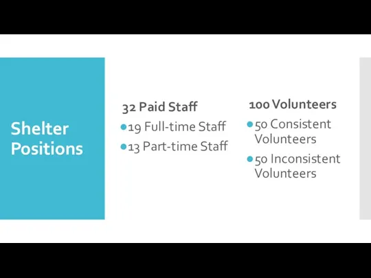 Shelter Positions 32 Paid Staff 19 Full-time Staff 13 Part-time