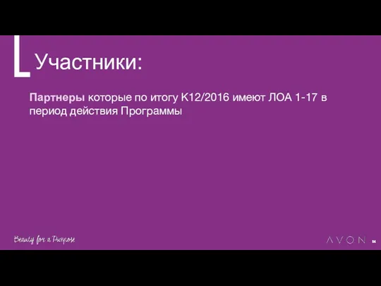 Участники: Партнеры которые по итогу К12/2016 имеют ЛОА 1-17 в период действия Программы